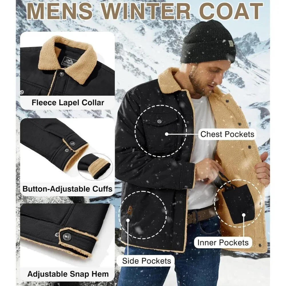 Men's Black Winter Thick Thermal Cotton Warm Fleece Lined Coat Cargo Jackets